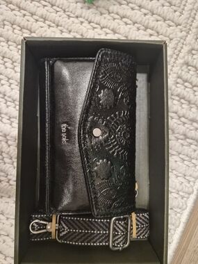 The Sak Black Embossed Leather Wallet Crossbody with Detachable Strap